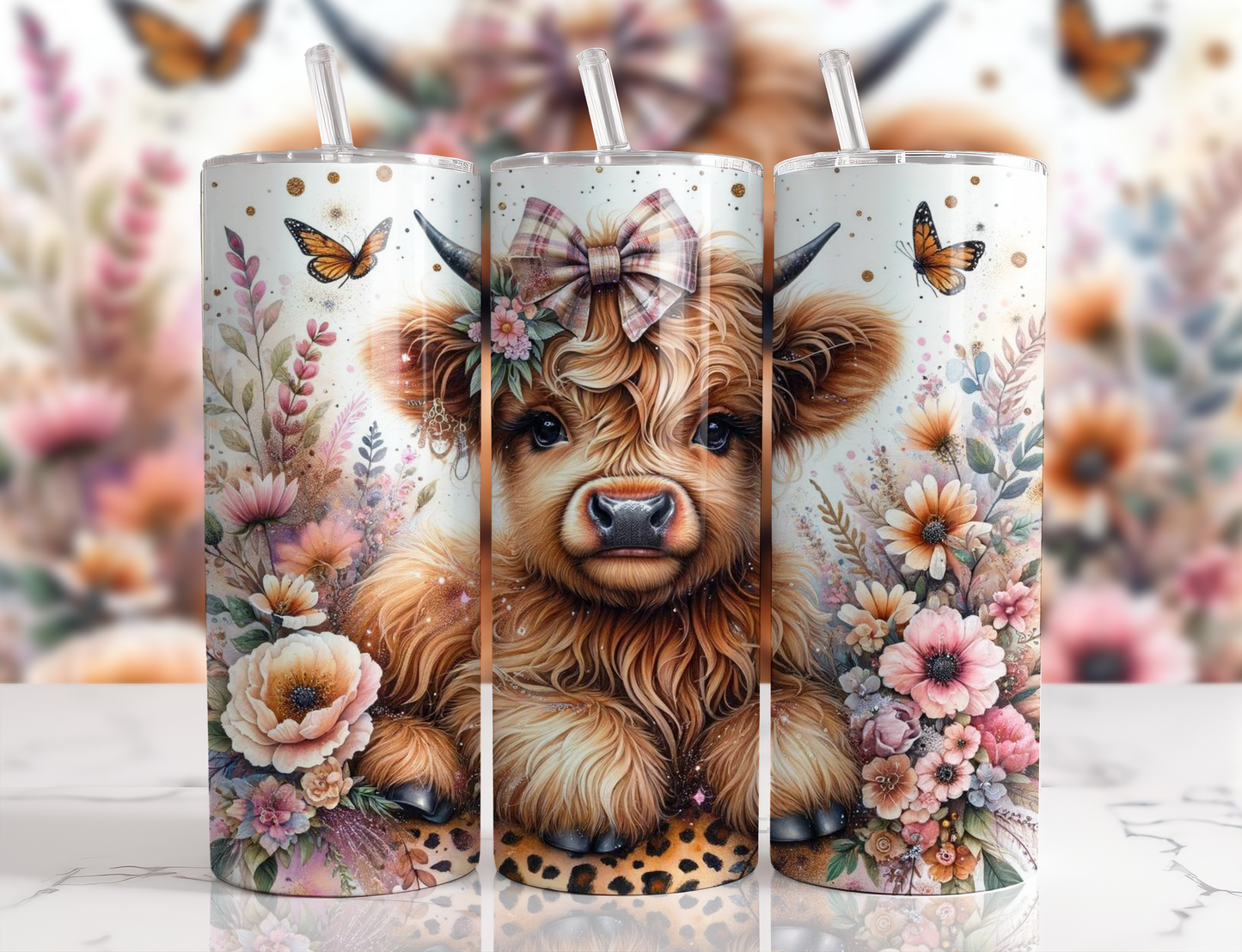 Floral Baby Highland Cow Stainless Steel Tumbler