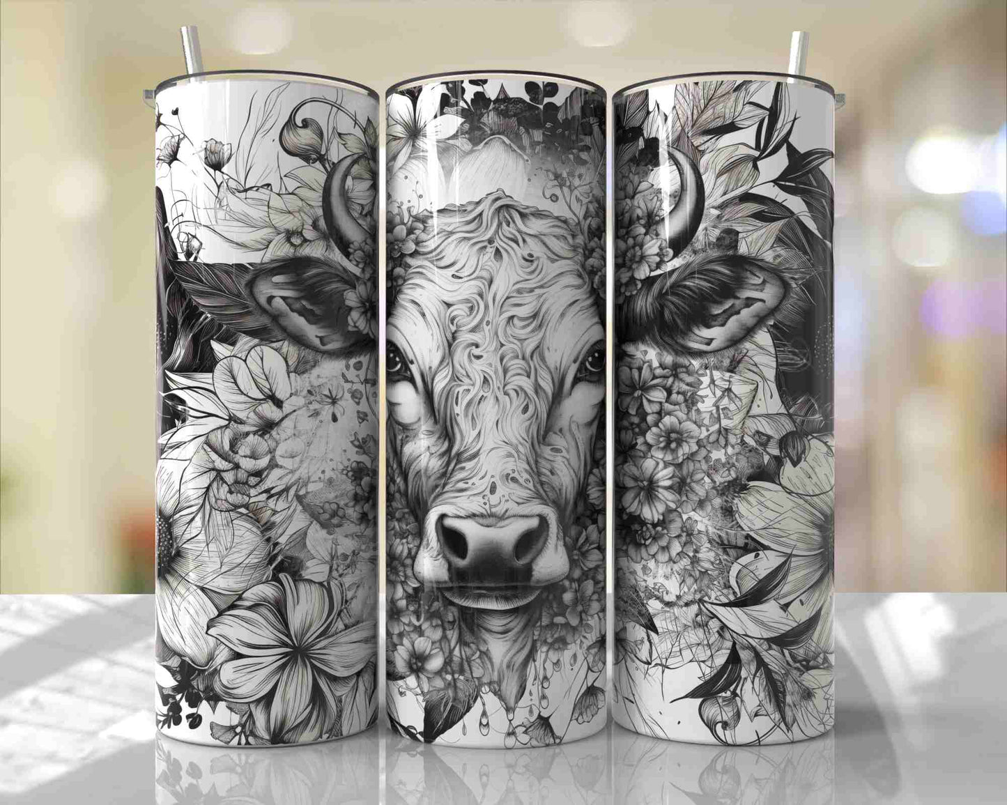 Black and White Floral Cow, Stainless Steel Tumbler