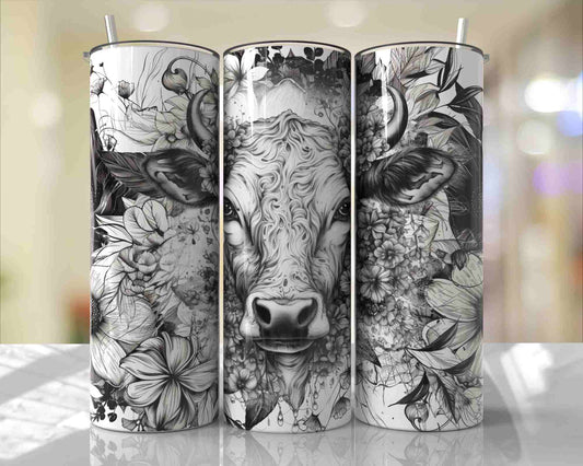 Black and White Floral Cow, Stainless Steel Tumbler