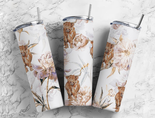 Boho Floral Highland Cow Stainless Steel Tumbler