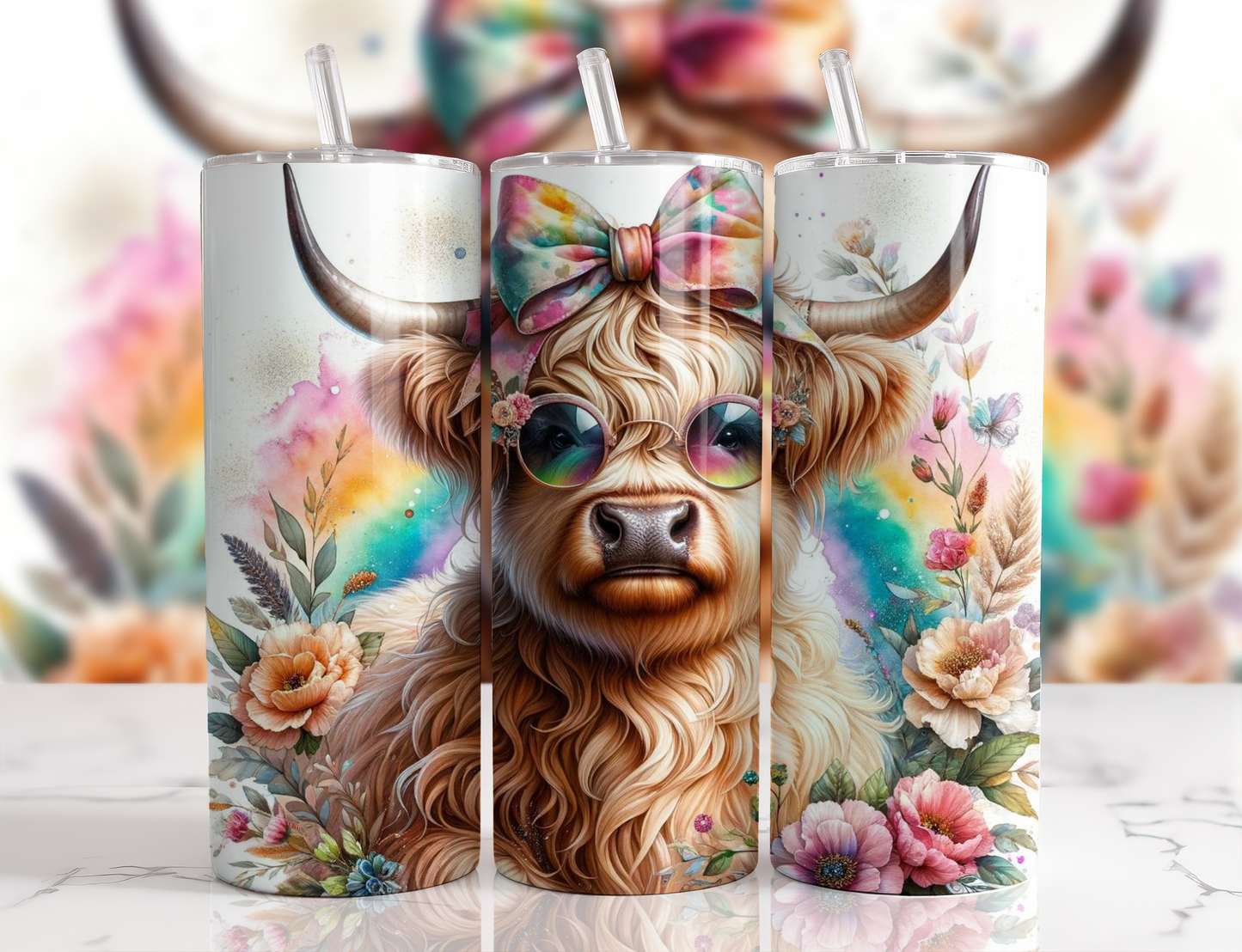 Rainbow Highland Cow Stainless Steel Tumbler