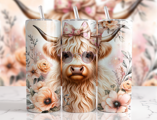 Floral Highland Cow Stainless Steel Tumbler