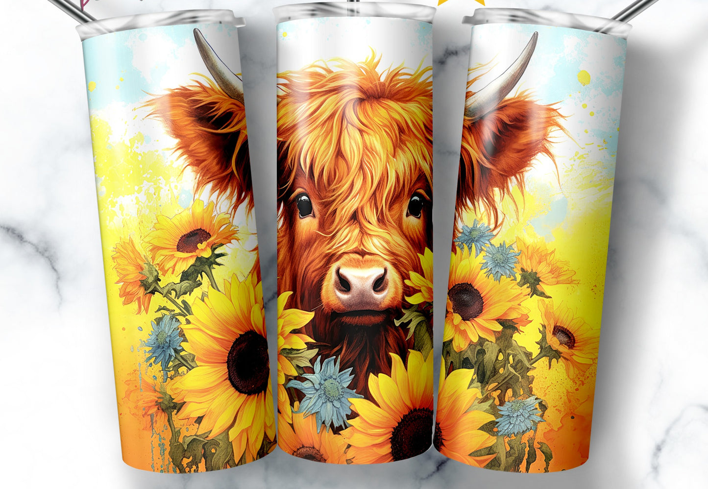 Baby Highland Cow, Sunflower Field Stainless Steel Tumbler