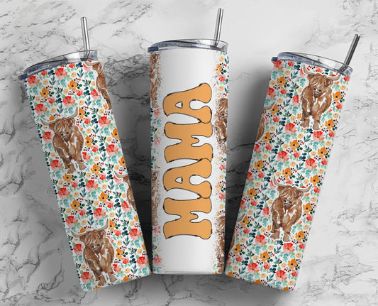 Floral Groovy Mama Highland Cow Stainless Steel Tumbler