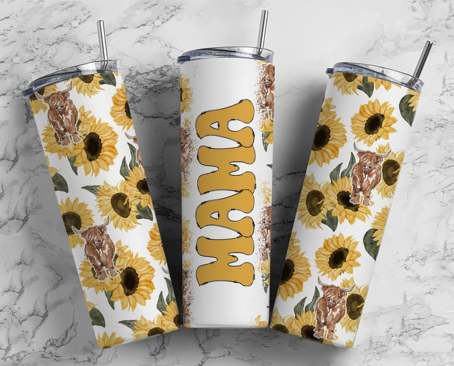 Sunflower Mama Highland Cow Stainless Steel Tumbler