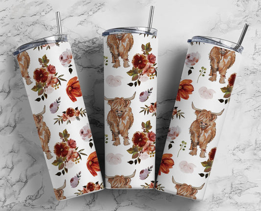 Floral Highland Cow Stainless Steel Tumbler