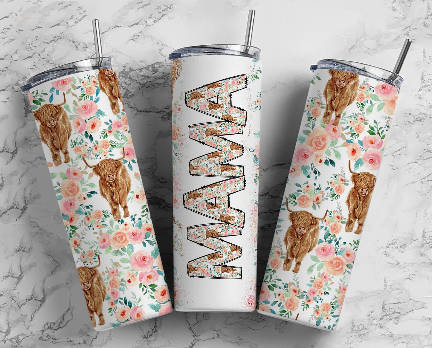 Floral Mama Highland Cow Stainless Steel Tumbler