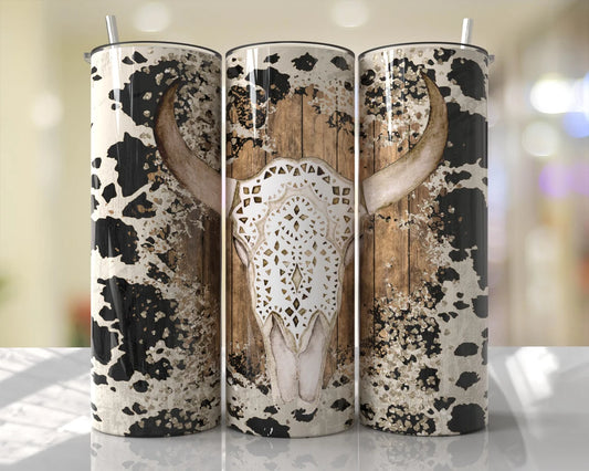 Cow Print Western Bull Skull Stainless Steel Tumbler