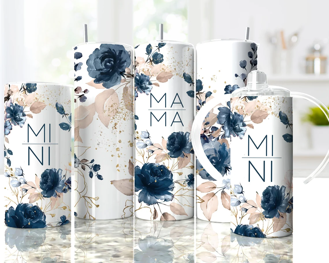 Mama & Mini Blue Floral Stainless Steel Tumbler