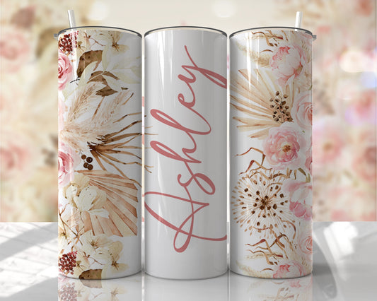 Boho Pink Floral, Add Your Name Stainless Steel Tumbler