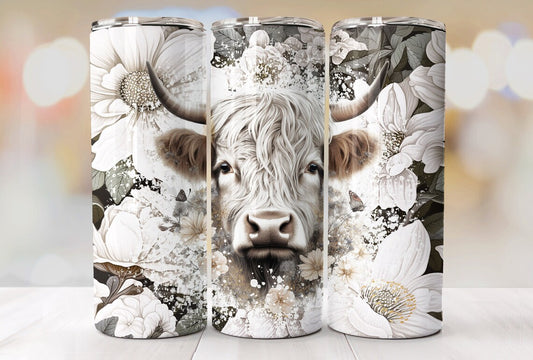 B&W Floral Highland Cow Stainless Steel Tumbler