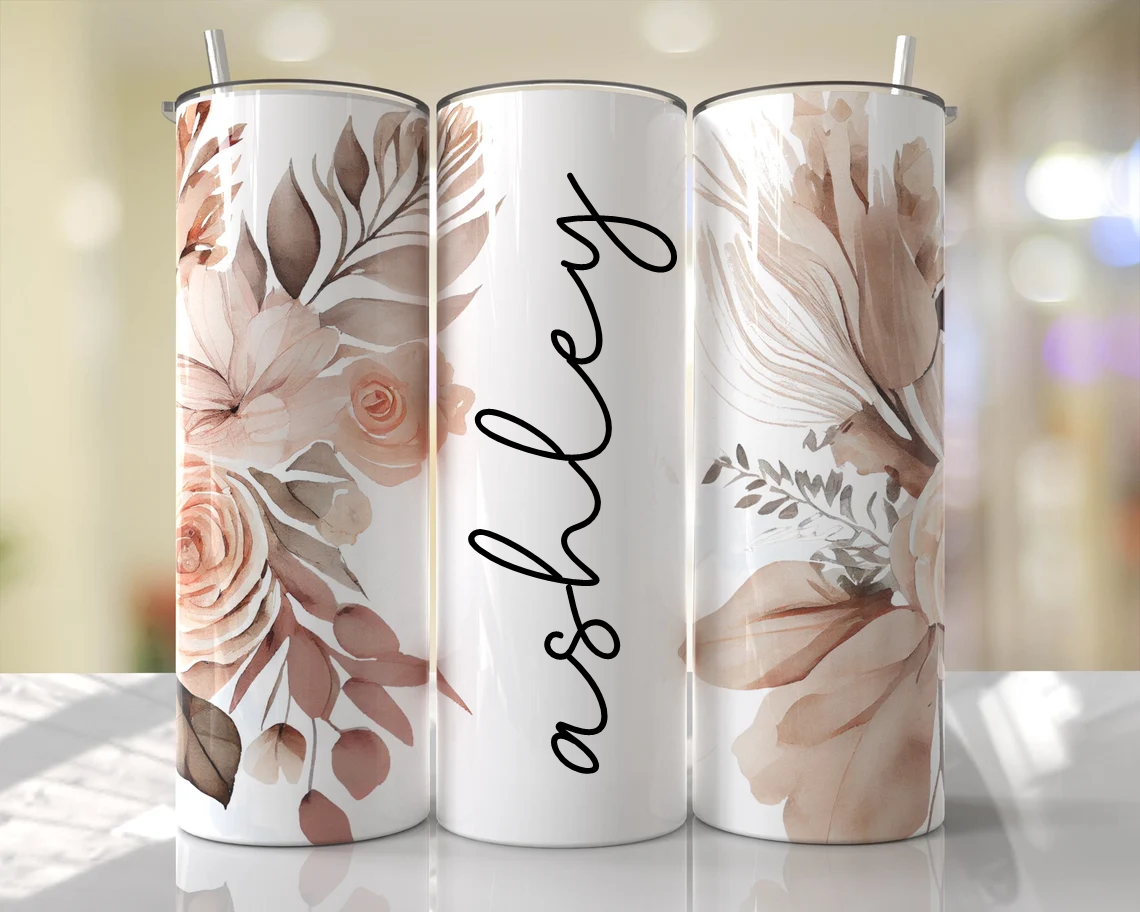 Boho Beige Floral, Add Your Name Stainless Steel Tumbler