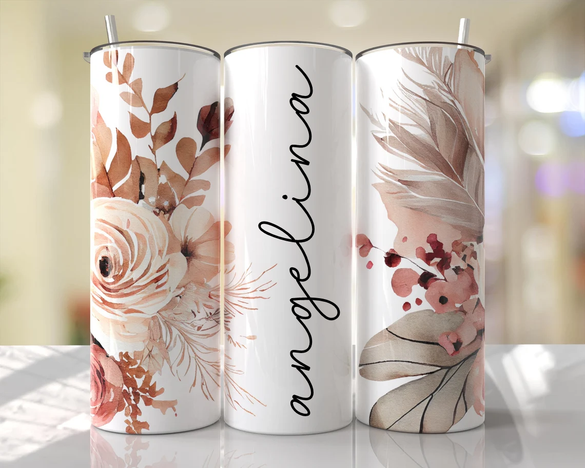 Boho Beige and Pink Floral, Add Your Name Stainless Steel Tumbler