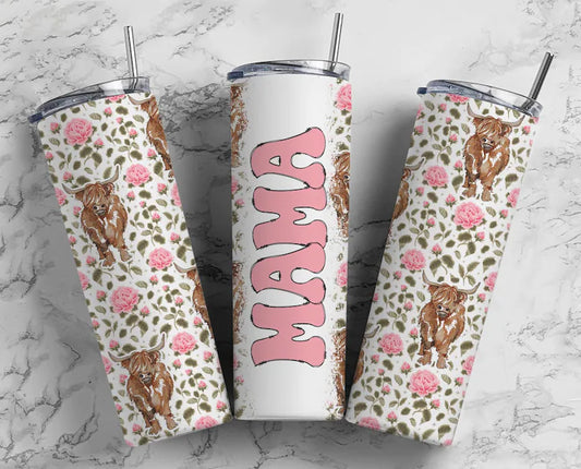 Floral Mama Highland Cow Stainless Steel Tumbler