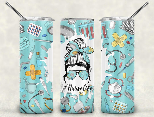 Nurse Life, Messy Bun Stainless Steel Tumbler