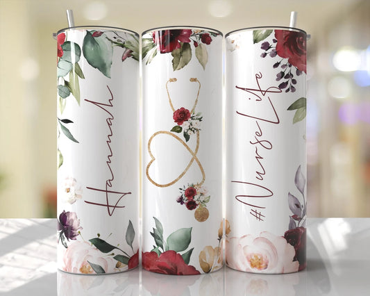 Floral Red and Gold Nurse Life Stainless Steel Tumbler